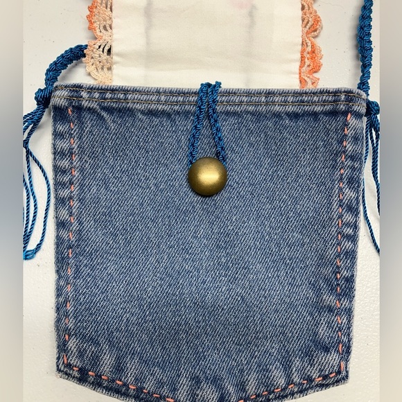 Handmade Upcycled Denim Crossbody Purse, Embroidered, Vintage Doilie - Picture 3 of 5